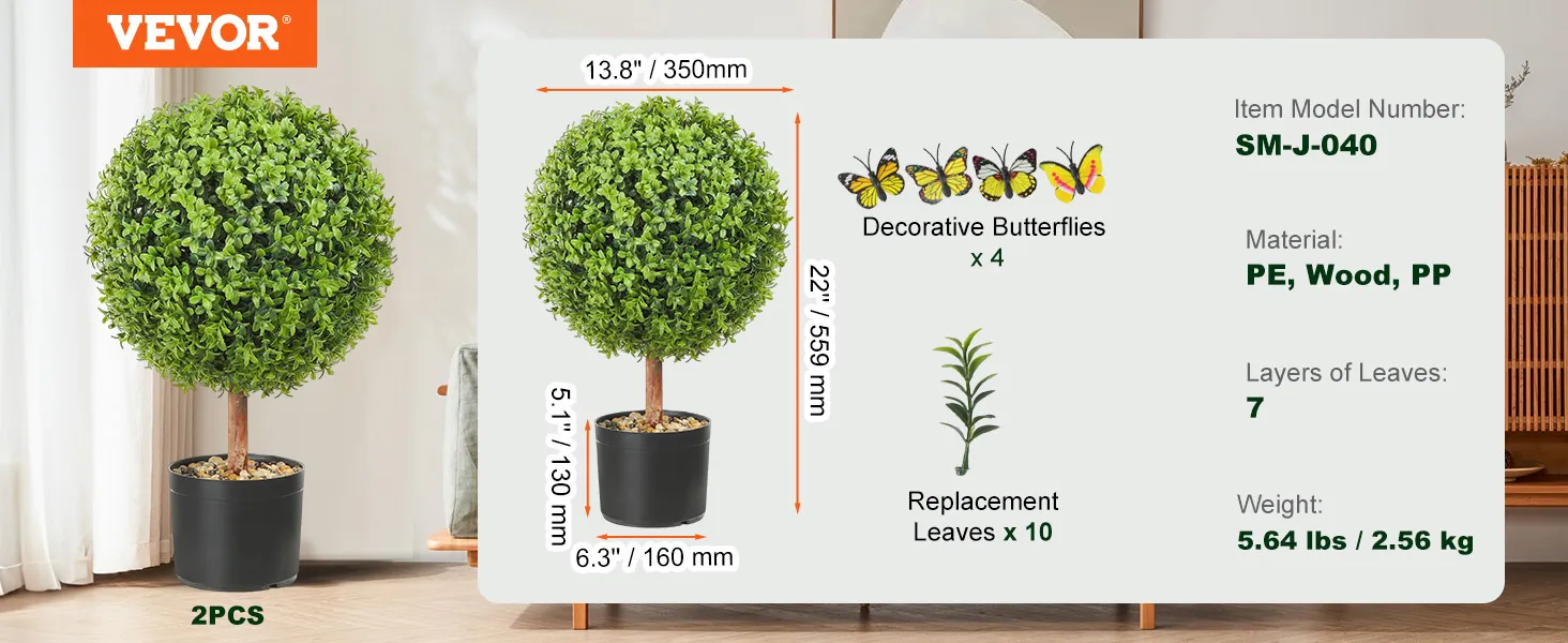 VEVOR artificial boxwood ball, 22" tall, 13.8" wide, includes 4 decorative butterflies and 10 replacement leaves.