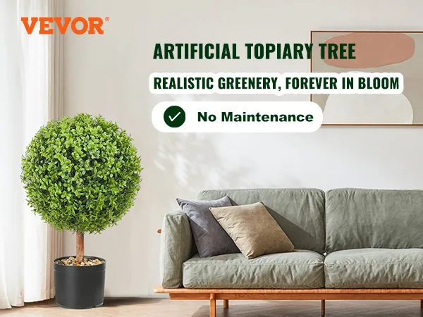 VEVOR artificial boxwood ball next to gray sofa with pillows, highlighting no maintenance greenery.