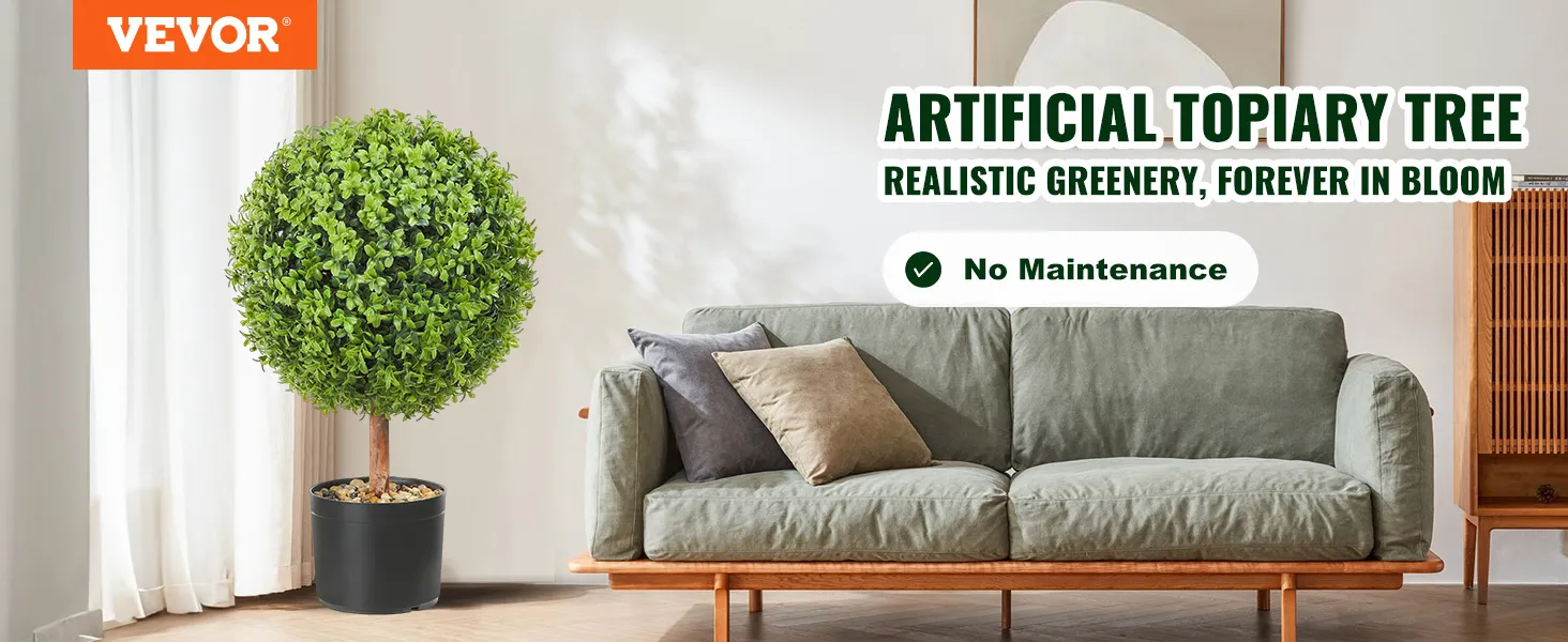 VEVOR artificial boxwood ball next to gray sofa with pillows, highlighting no maintenance greenery.
