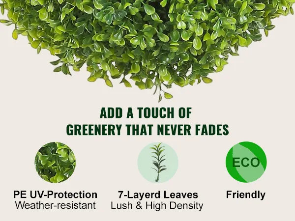 VEVOR artificial boxwood ball showcasing lush green leaves with pe uv protection and eco-friendly features.