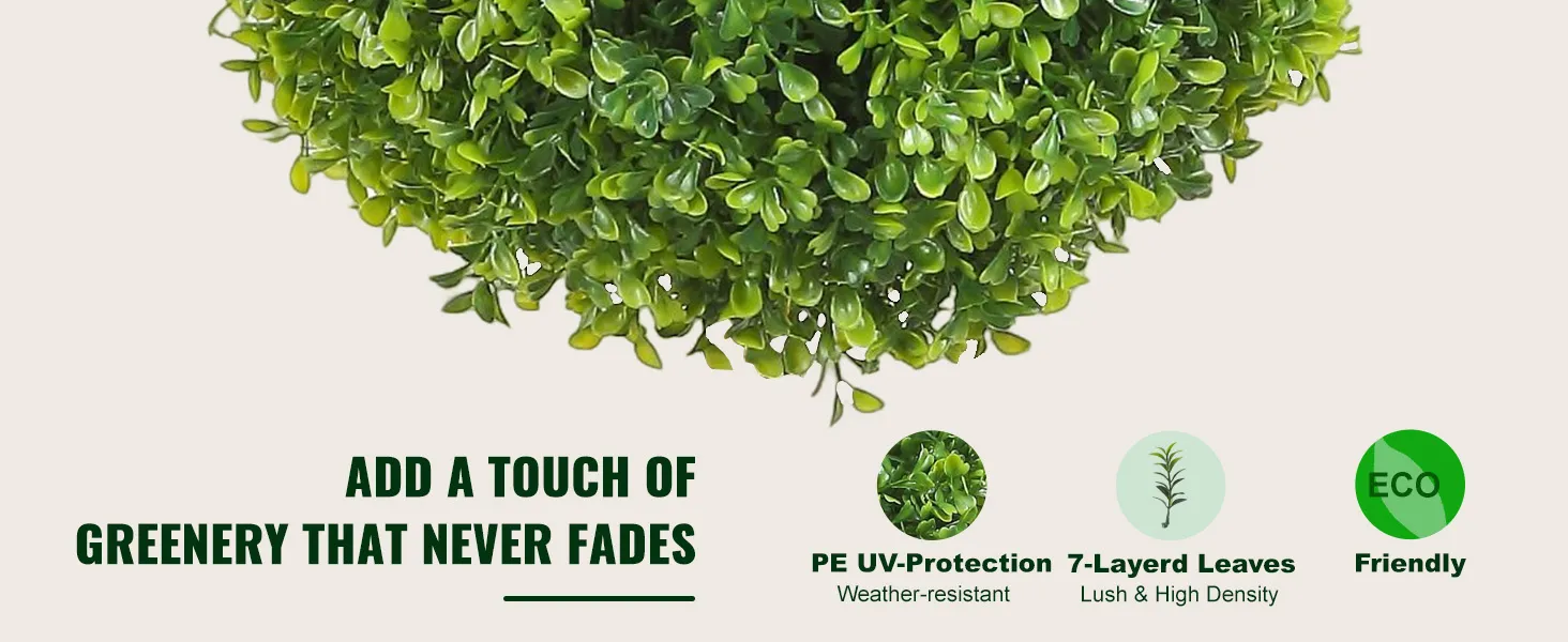 VEVOR artificial boxwood ball showcasing lush green leaves with pe uv protection and eco-friendly features.