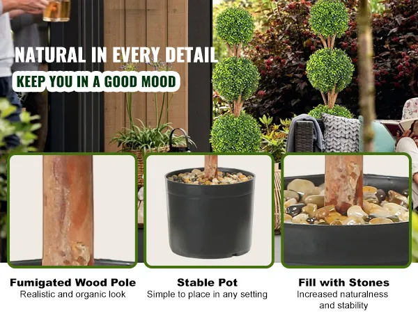 VEVOR artificial boxwood ball on patio with fumigated wood pole, stable pot, and stones for natural look.
