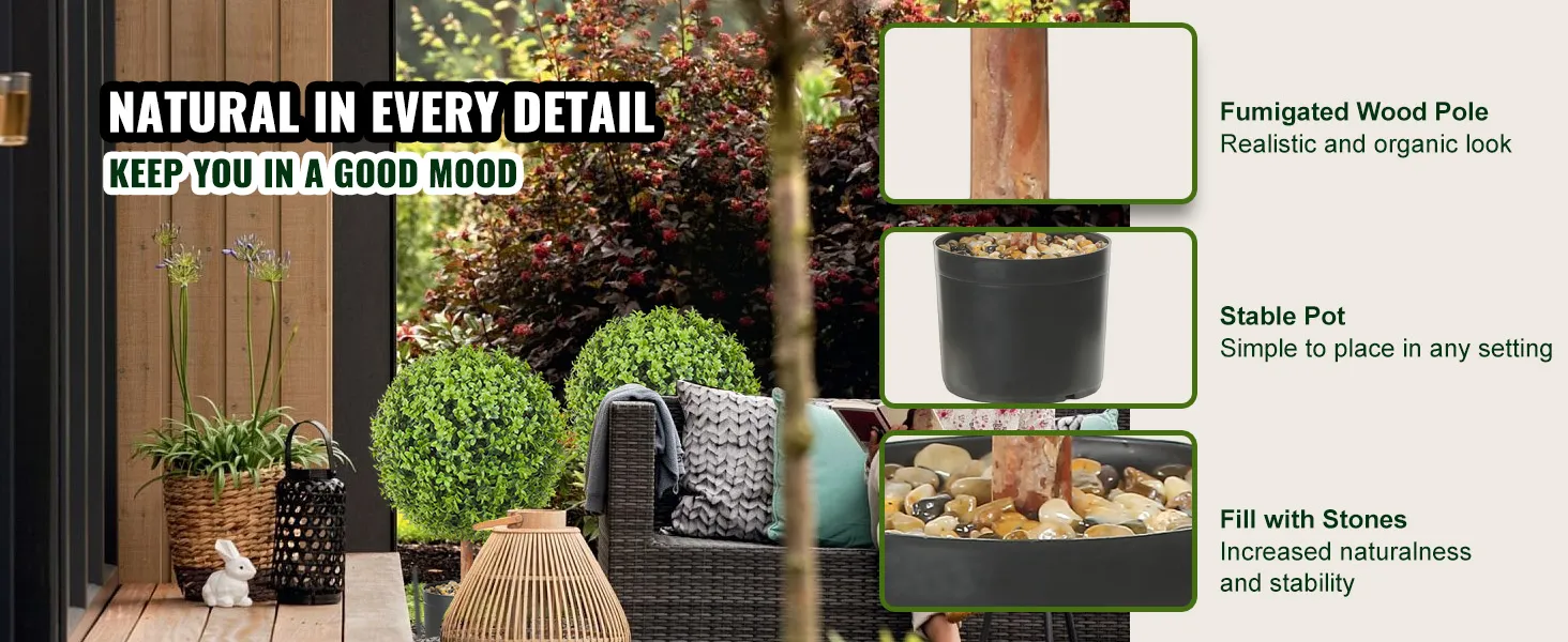 VEVOR artificial boxwood ball on patio with fumigated wood pole, stable pot, and stones for natural look.