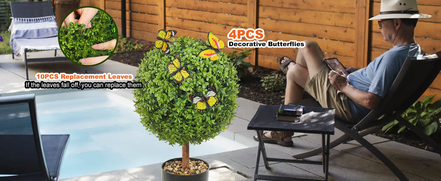 VEVOR artificial boxwood ball with 4 decorative butterflies and 10 replacement leaves by a poolside.