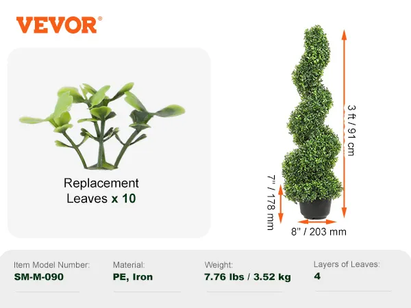 VEVOR artificial boxwood topiary, spiral shape, 3 ft tall, with replacement leaves, model sm-m-090.