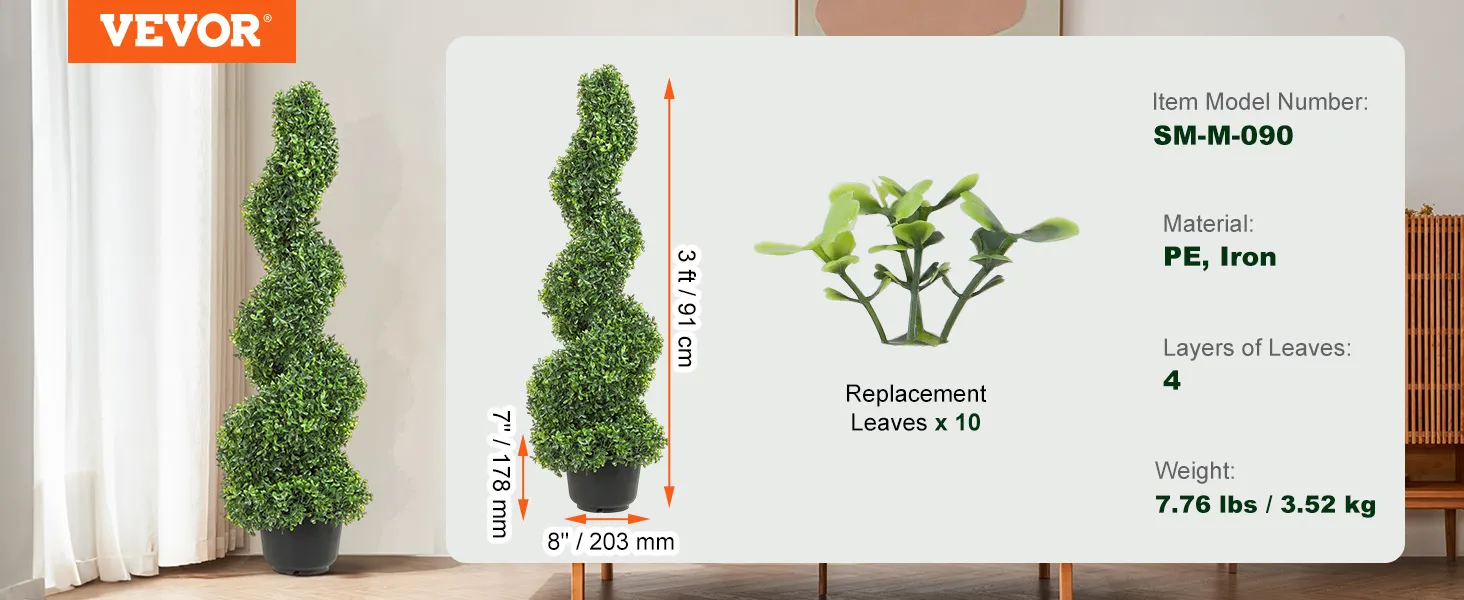 VEVOR artificial boxwood topiary, spiral shape, 3 ft tall, with replacement leaves, model sm-m-090.