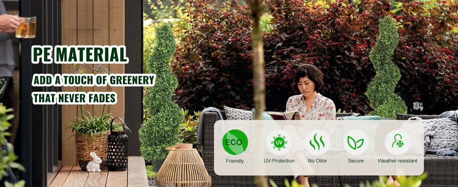 VEVOR artificial boxwood topiary in a garden setting with informational icons and a cozy outdoor seating area.