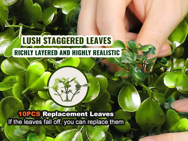 hands arranging VEVOR artificial boxwood topiary with lush, staggered leaves; includes 10pcs replacement leaves.