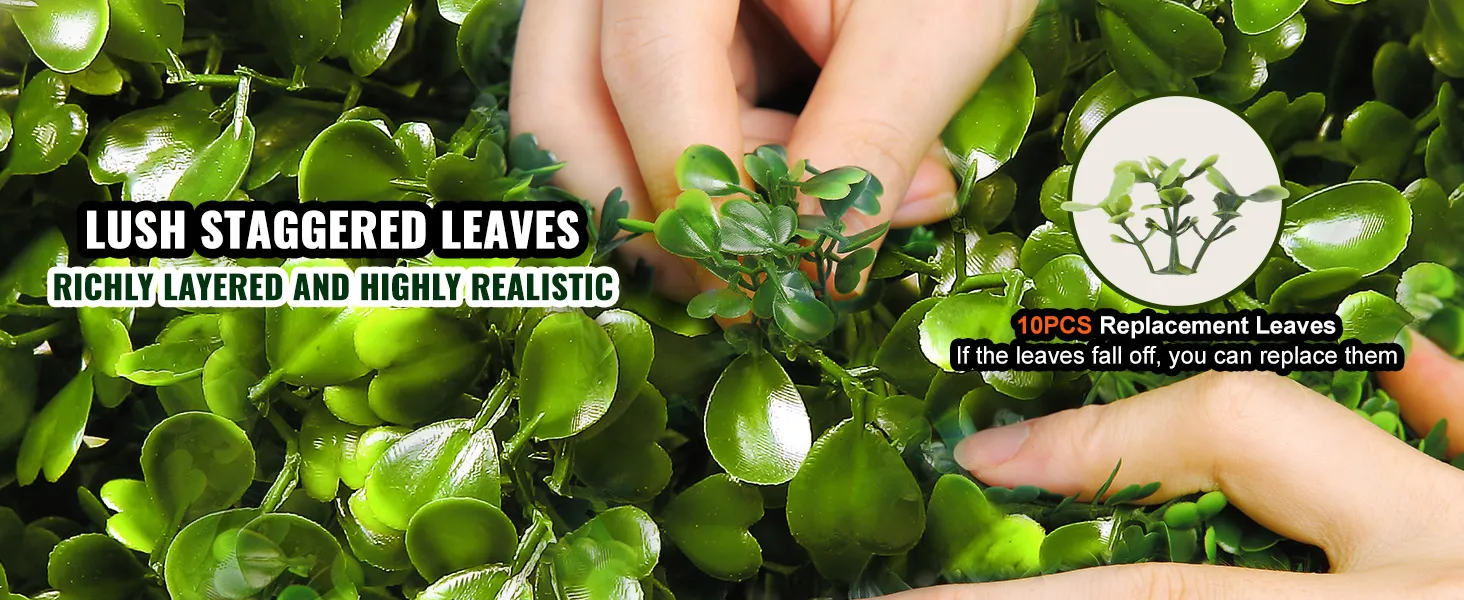 hands arranging VEVOR artificial boxwood topiary with lush, staggered leaves; includes 10pcs replacement leaves.
