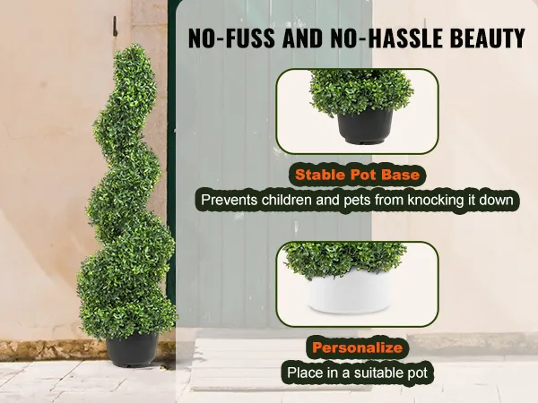 VEVOR artificial boxwood topiary in front of a green door, showcasing stable pot base and customization options.