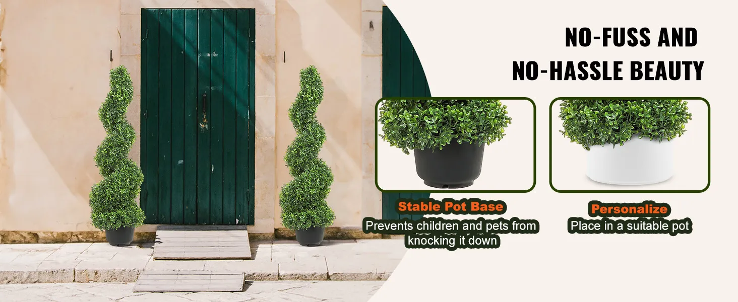 VEVOR artificial boxwood topiary in front of a green door, showcasing stable pot base and customization options.