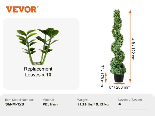 VEVOR artificial boxwood topiary spiral, 4 ft, replacement leaves x10, pe and iron material, 11.29 lbs.