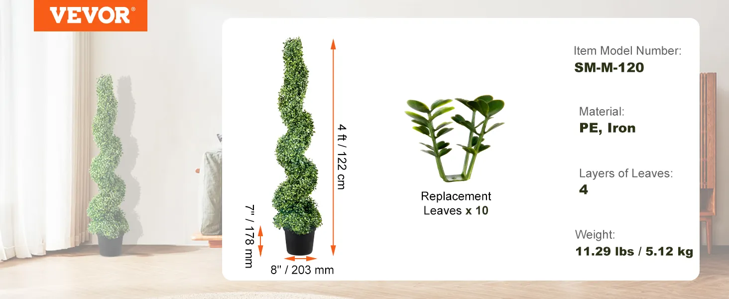 VEVOR artificial boxwood topiary spiral, 4 ft, replacement leaves x10, pe and iron material, 11.29 lbs.