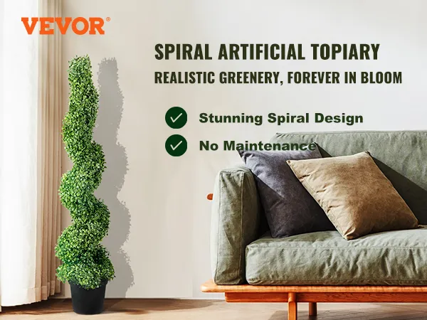 VEVOR artificial boxwood topiary spiral, lush green plant next to sofa, ideal for home decor.