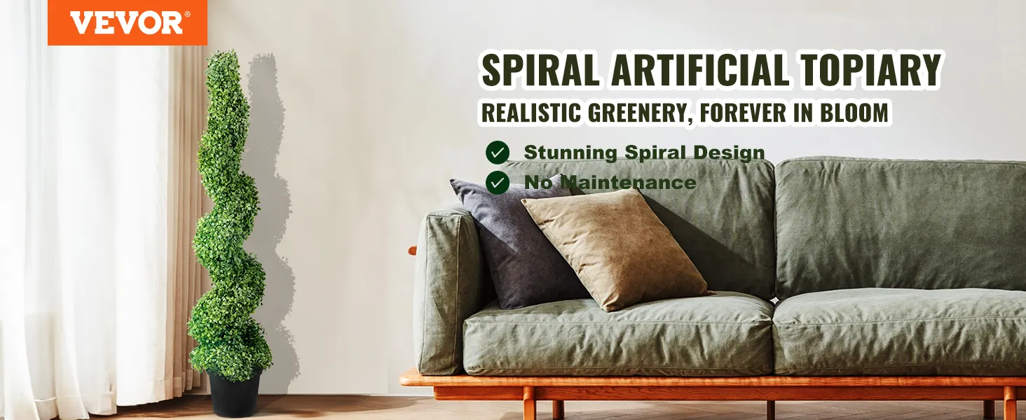 VEVOR artificial boxwood topiary spiral, lush green plant next to sofa, ideal for home decor.