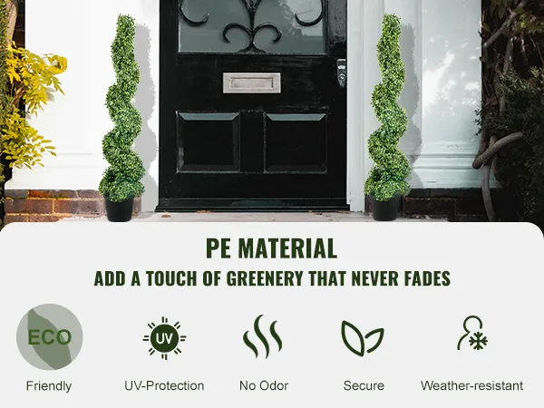 eco-friendly VEVOR artificial boxwood topiary spiral on a patio with uv protection and weather resistance.