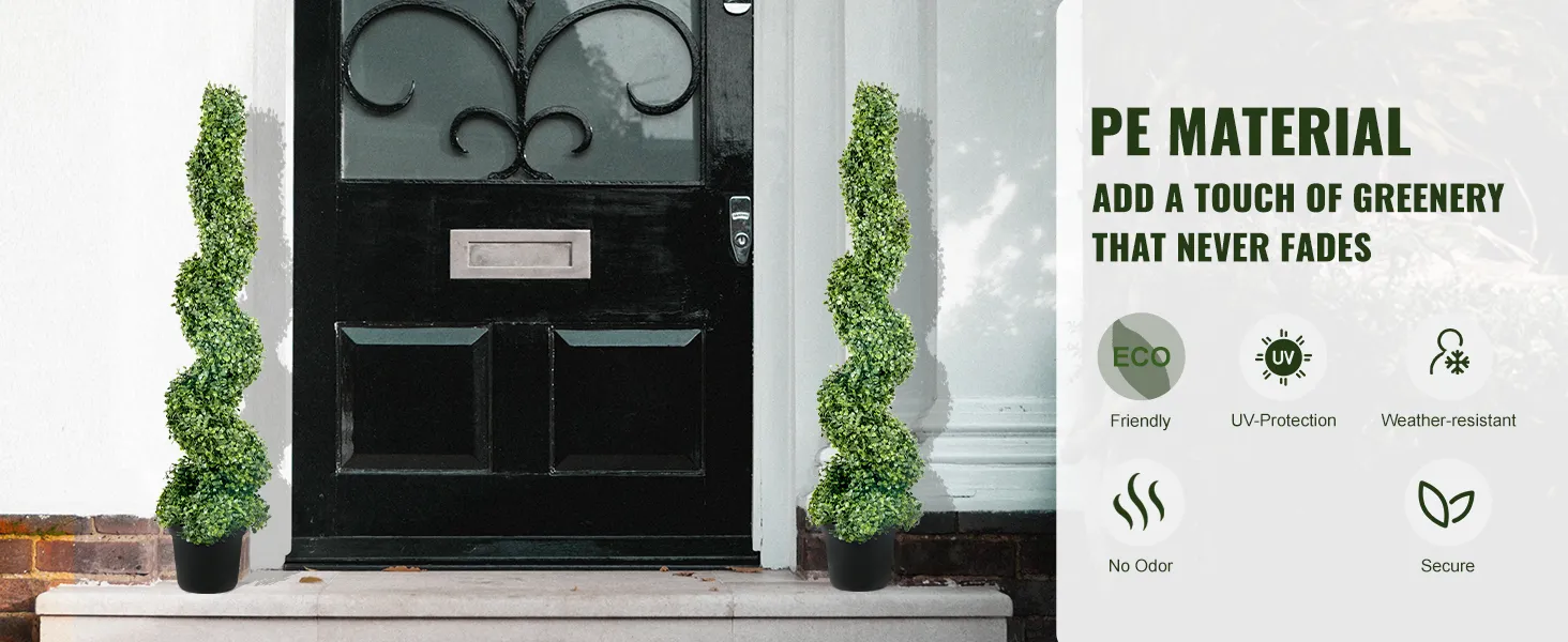 eco-friendly VEVOR artificial boxwood topiary spiral on a patio with uv protection and weather resistance.