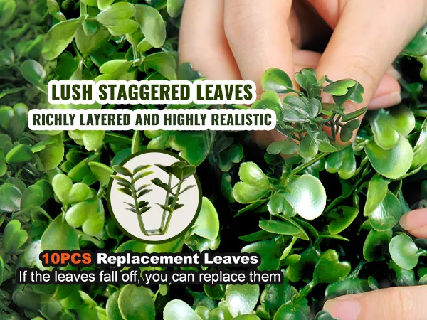 hands adjusting lush, staggered leaves of VEVOR artificial boxwood topiary spiral with 10pcs replacement leaves.