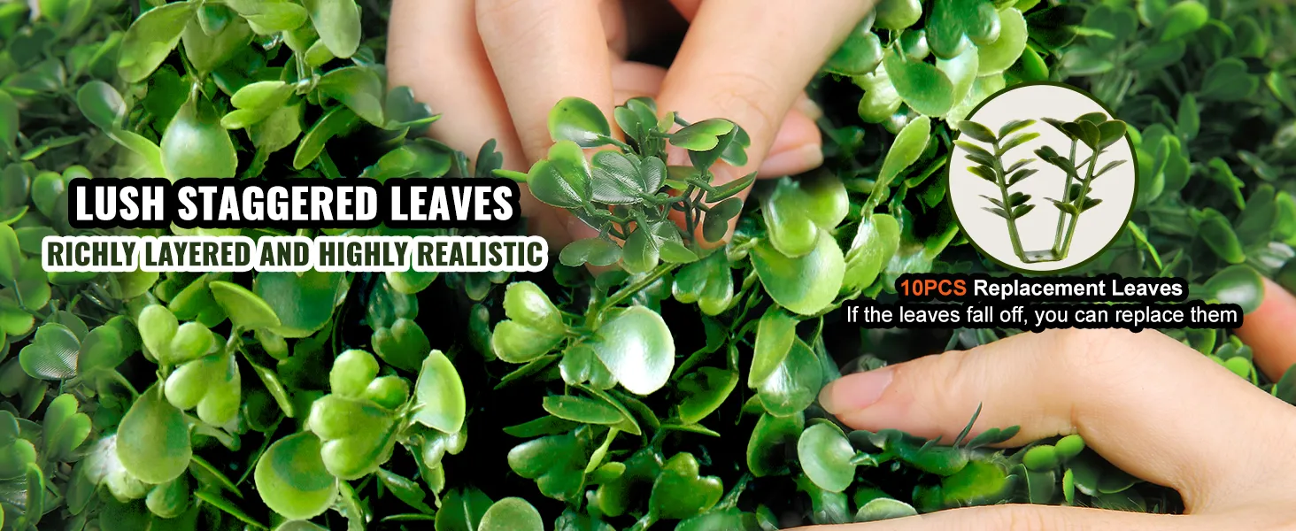 hands adjusting lush, staggered leaves of VEVOR artificial boxwood topiary spiral with 10pcs replacement leaves.