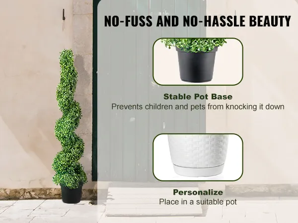 VEVOR artificial boxwood topiary spiral by a green door with stable pot base for kids and pets, customizable.
