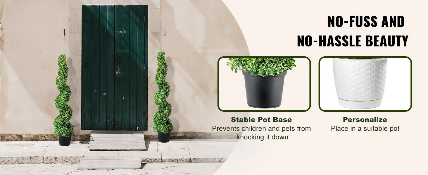 VEVOR artificial boxwood topiary spiral by a green door with stable pot base for kids and pets, customizable.