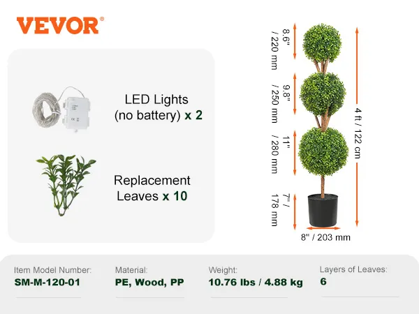 VEVOR artificial topiaries with led lights and replacement leaves, 4 ft tall, item sm-m-120-01.