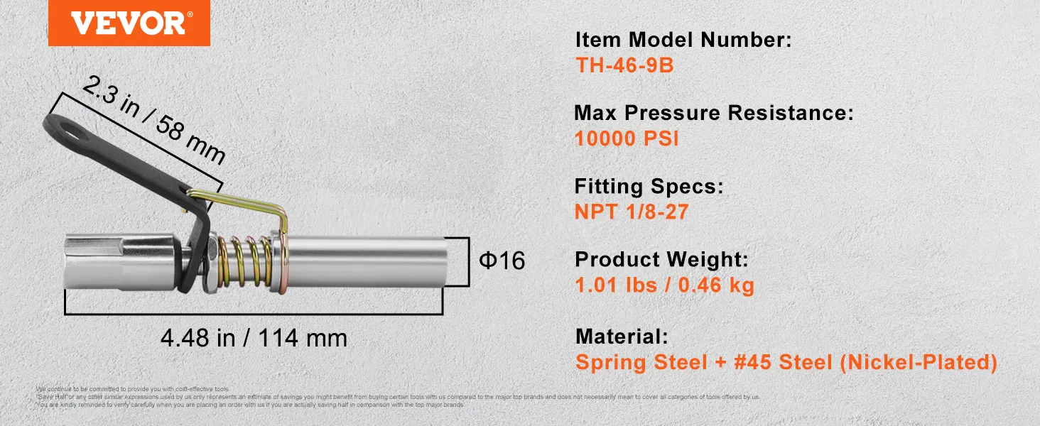 VEVOR grease gun coupler, model th-46-9b, 10,000 psi, npt 1/8-27, 1.01 lbs, spring steel and nickel-plated.