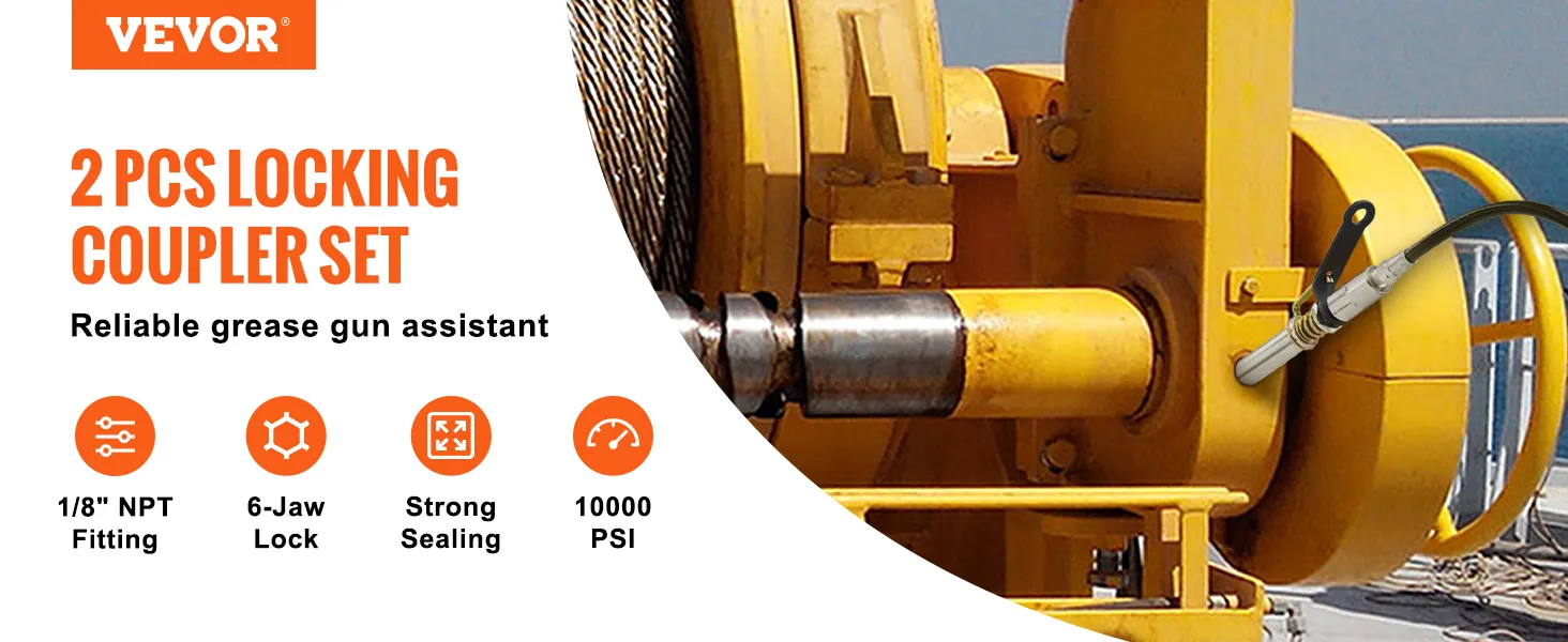 VEVOR grease gun coupler, 2 pcs locking set, 1/8" npt fitting, 6-jaw lock, strong sealing, 10000 psi.