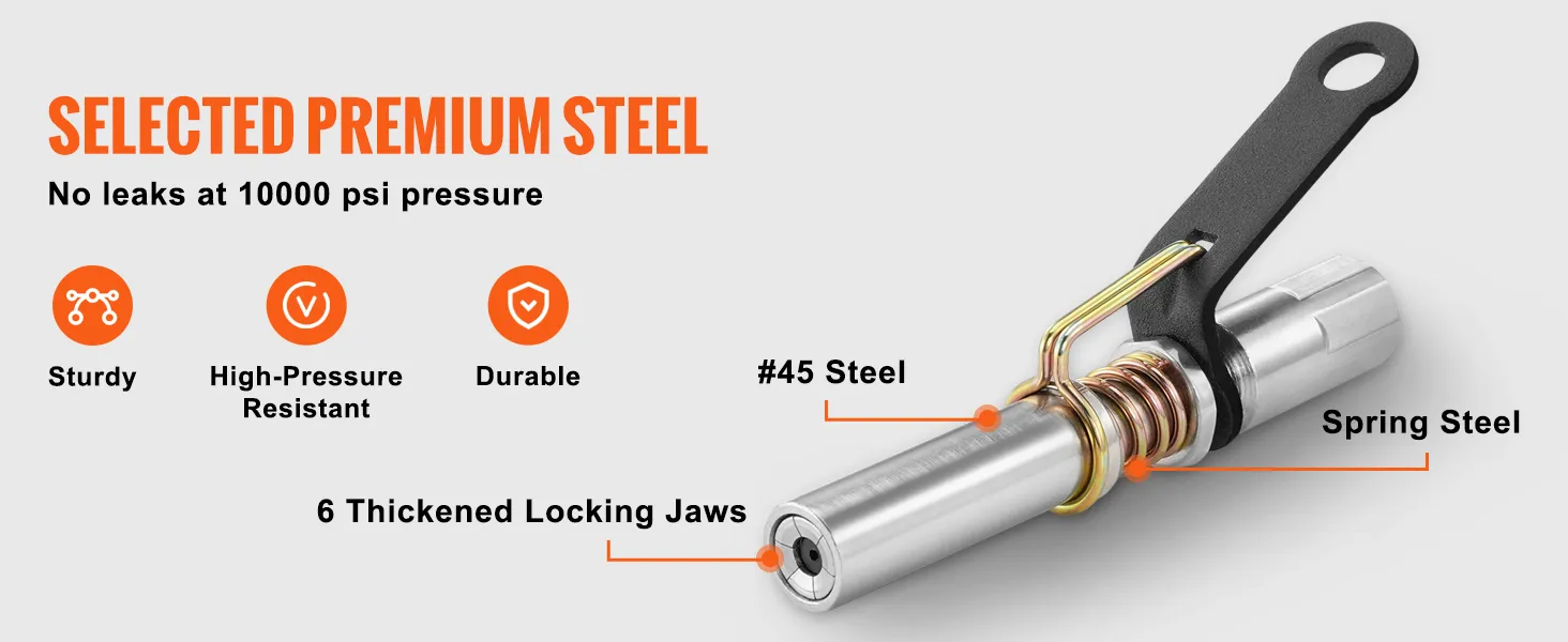 VEVOR grease gun coupler made of #45 steel with 6 locking jaws, high-pressure resistant, and durable.