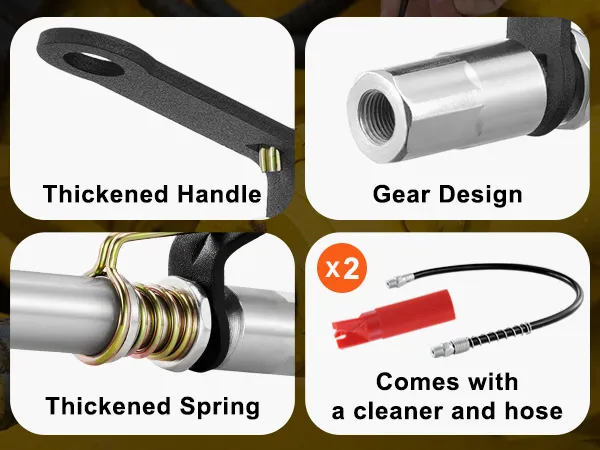 VEVOR grease gun coupler with press and push to lock nozzle, one-handed operation, and accessories.