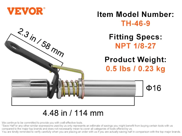 VEVOR grease gun coupler, 4.48 in length, 10000 psi, npt 1/8-27, spring steel + #45 steel construction.