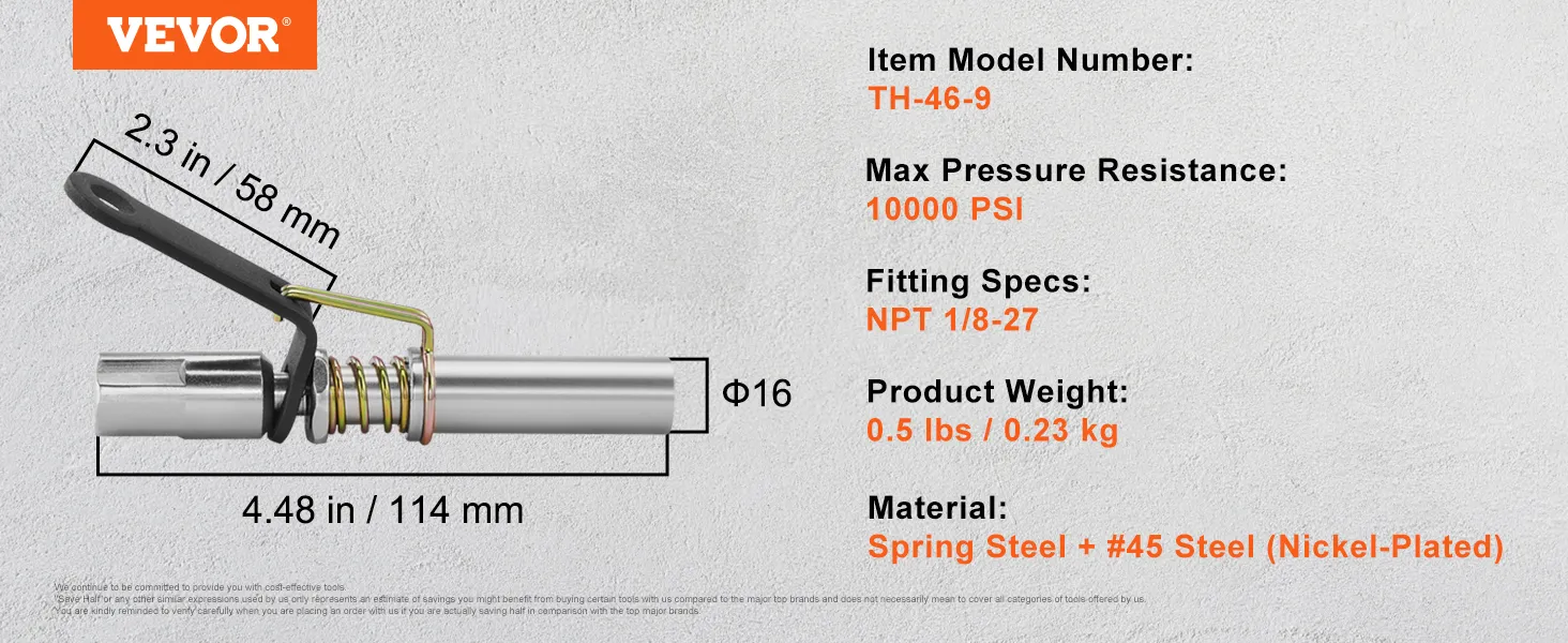 VEVOR grease gun coupler, 4.48 in length, 10000 psi, npt 1/8-27, spring steel + #45 steel construction.