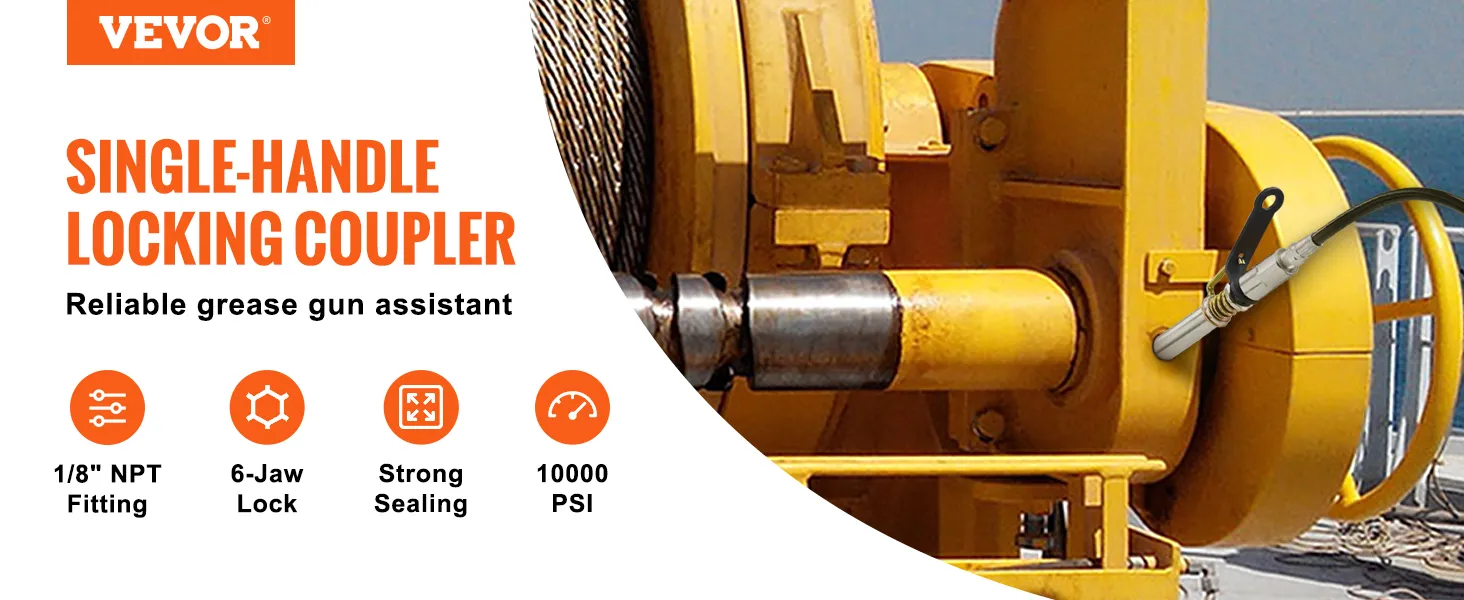 VEVOR grease gun coupler single-handle locking, 1/8" npt fitting, 6-jaw lock, strong sealing, 10000 psi.