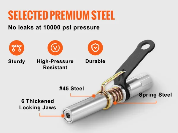 VEVOR grease gun coupler made from premium steel, high-pressure resistant, featuring 6 thickened locking jaws.