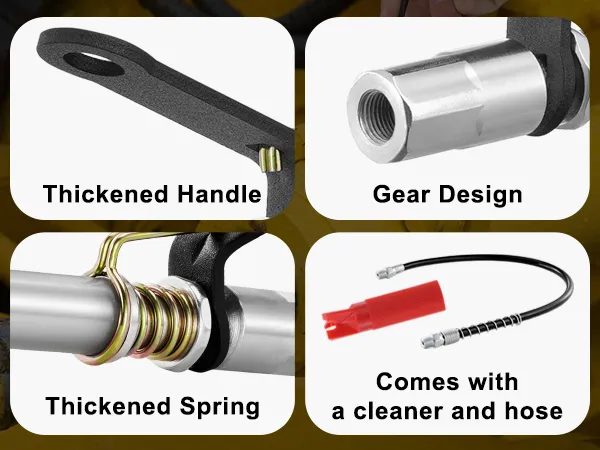 VEVOR grease gun coupler with thickened handle, gear design, one-handed operation, and cleaning hose.