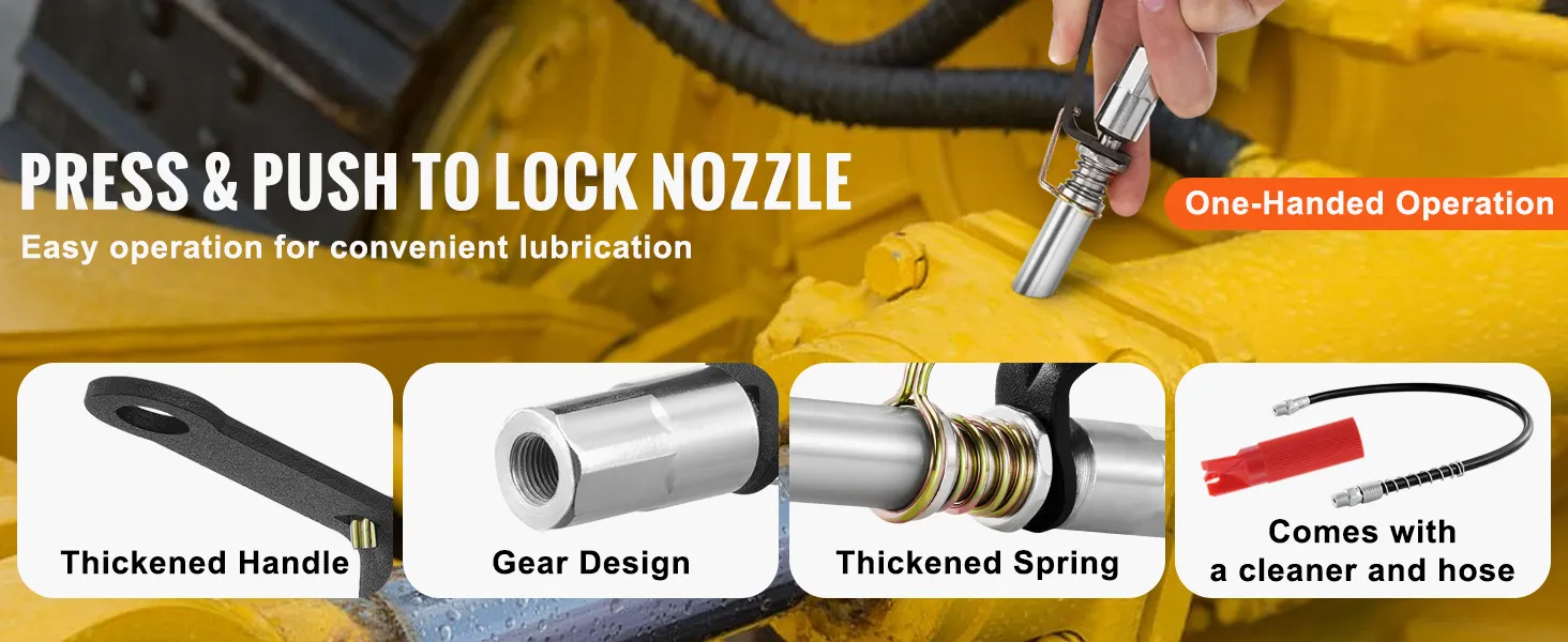 VEVOR grease gun coupler with thickened handle, gear design, one-handed operation, and cleaning hose.