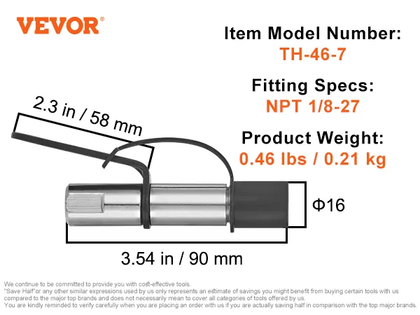 VEVOR Fettpressenkupplung, Modell th-46-7, 10000 psi, NPT 1/8-27, 0,46 lbs, Federstahl + #45 Stahl.