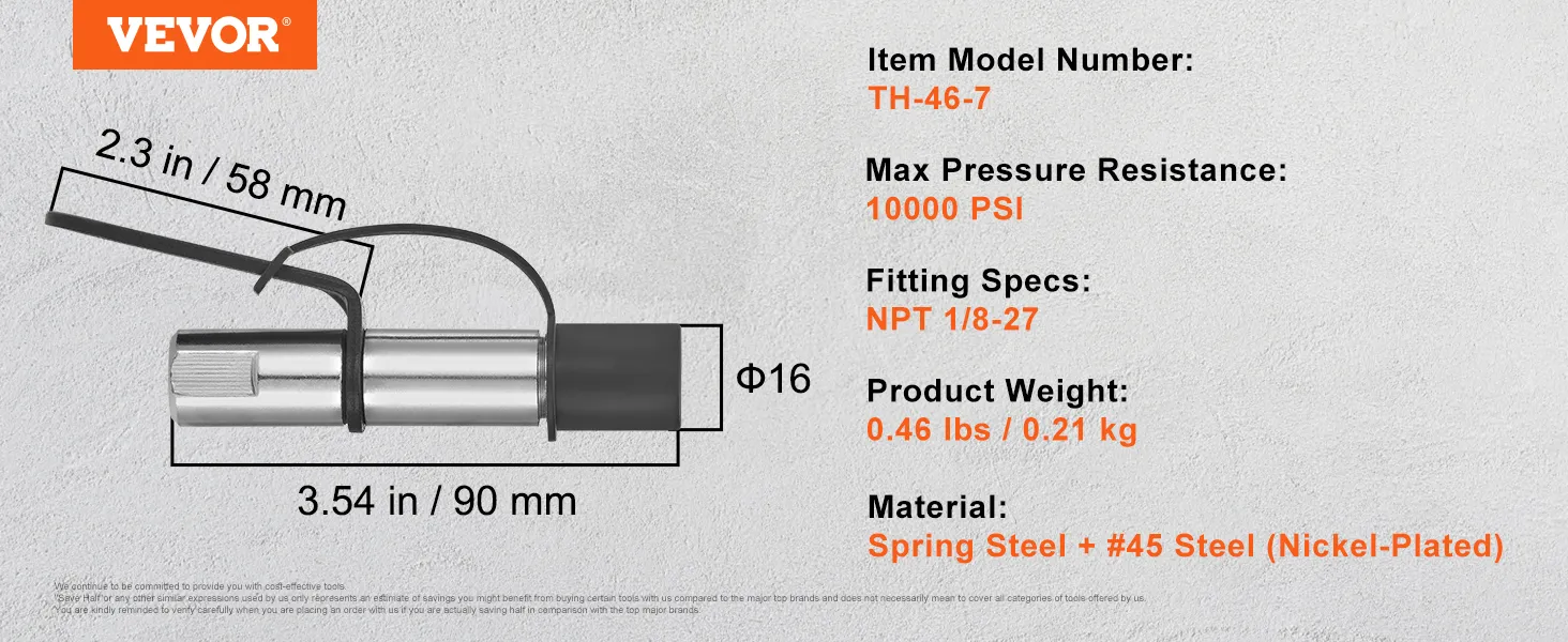 VEVOR Fettpressenkupplung, Modell th-46-7, 10000 psi, NPT 1/8-27, 0,46 lbs, Federstahl + #45 Stahl.