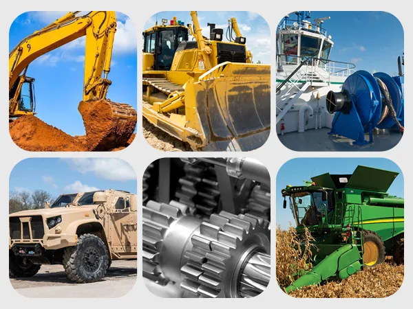 Fünf Bilder zeigen die Verwendung der VEVOR-Fettpressenkupplung: Bagger, Bulldozer, Schiffsfahrzeuge und Erntegeräte.
