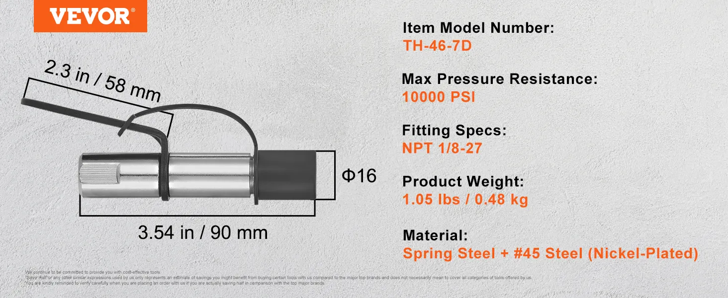VEVOR grease gun coupler, model th-46-7d, 2.3 in by 3.54 in, max pressure 10000 psi, npt 1/8-27 fitting.