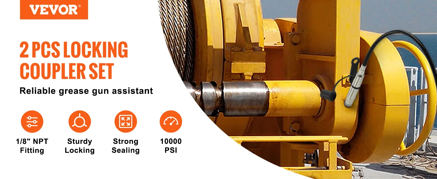 VEVOR grease gun coupler set, 1/8" npt fitting, sturdy locking, strong sealing, 10000 psi capacity.