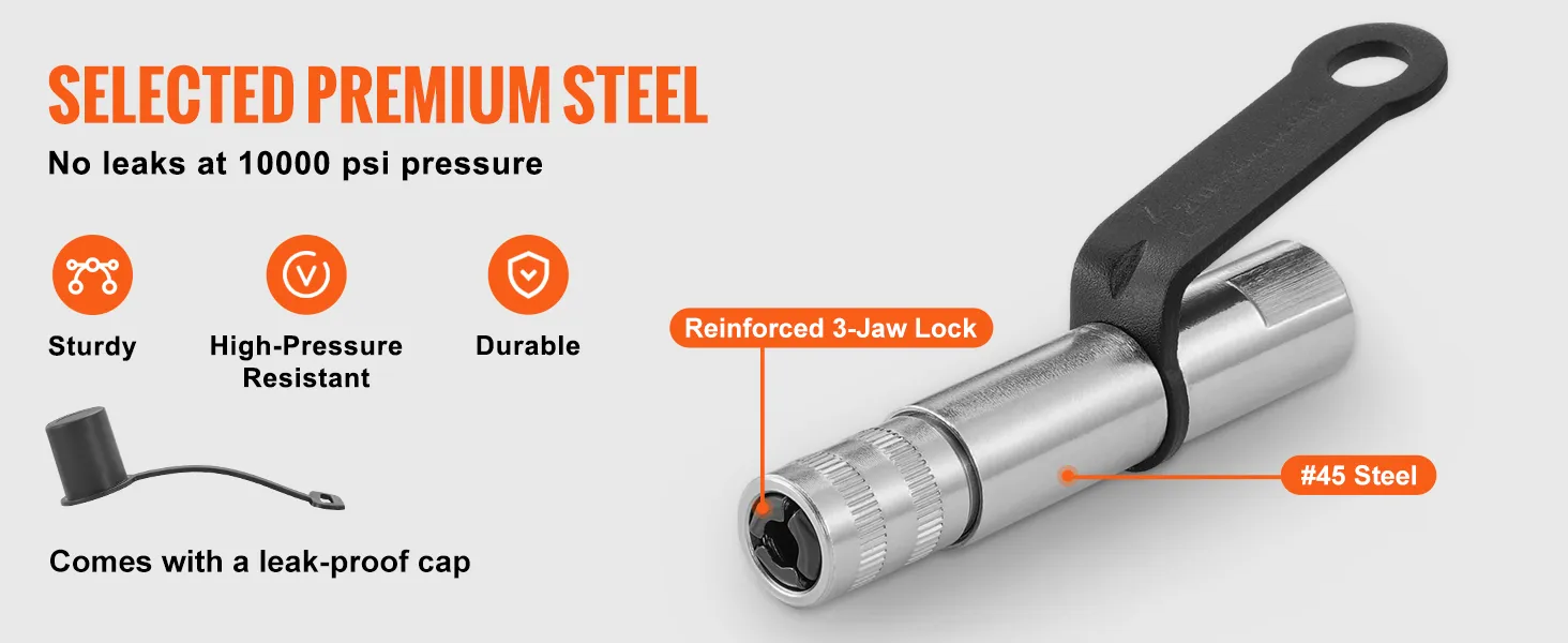 VEVOR grease gun coupler, 10000 psi, sturdy #45 steel, high-pressure resistant, leak-proof cap included.