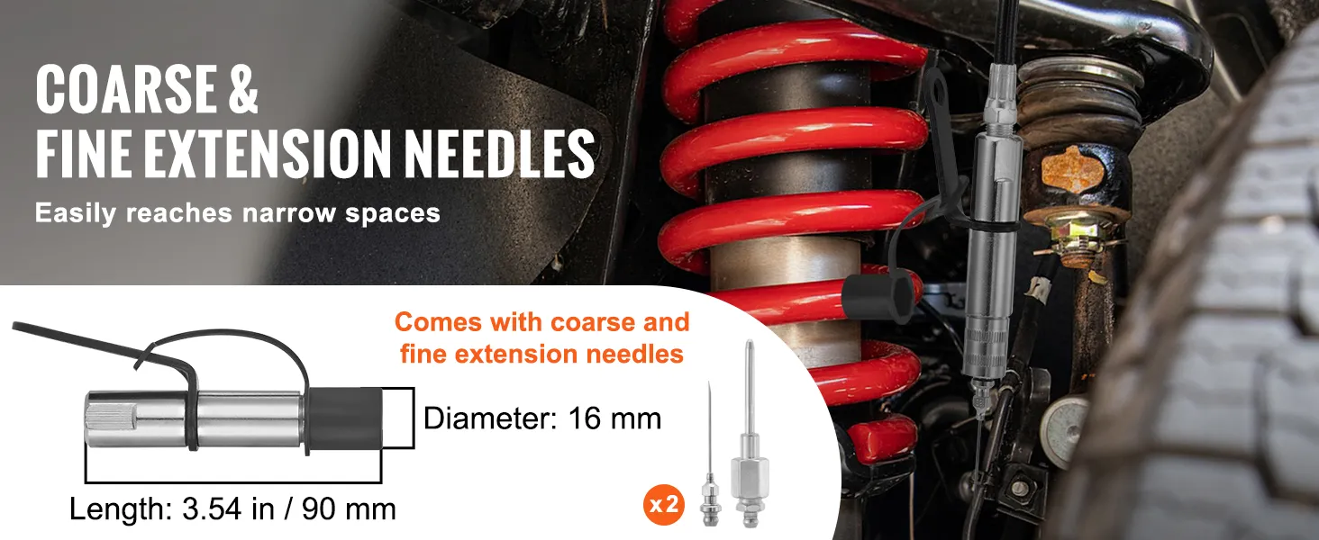 VEVOR grease gun coupler with coarse and fine extension needles for reaching narrow spaces, 16mm diameter.