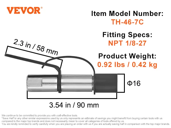 VEVOR grease gun coupler with spring steel, 10000 psi max, npt 1/8-27, 0.92 lbs, 3.54 in length.
