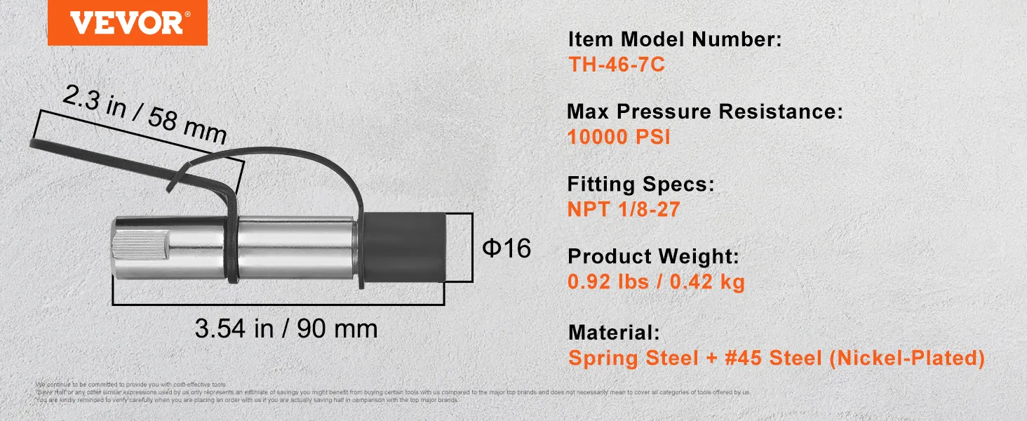 VEVOR grease gun coupler with spring steel, 10000 psi max, npt 1/8-27, 0.92 lbs, 3.54 in length.