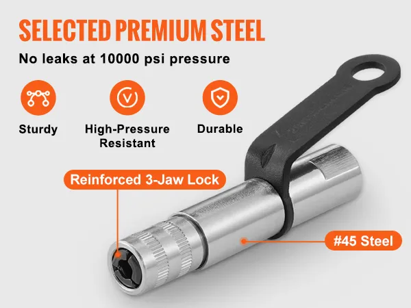 VEVOR grease gun coupler with reinforced 3-jaw lock, #45 steel, and leak-proof cap.
