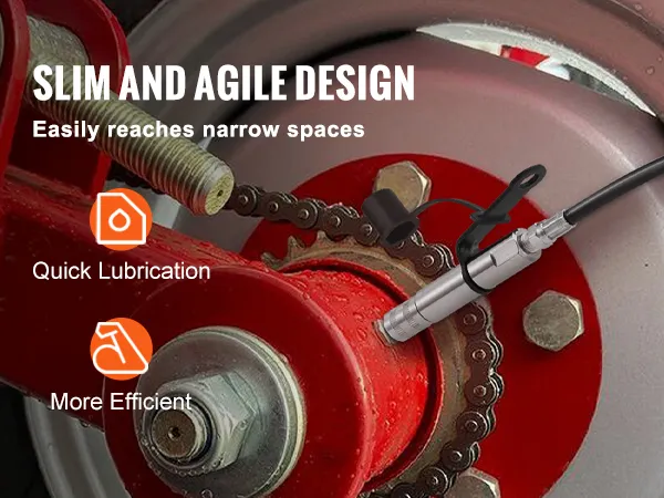 VEVOR grease gun coupler attached to machinery chain, showcasing slim design and precise lubrication.