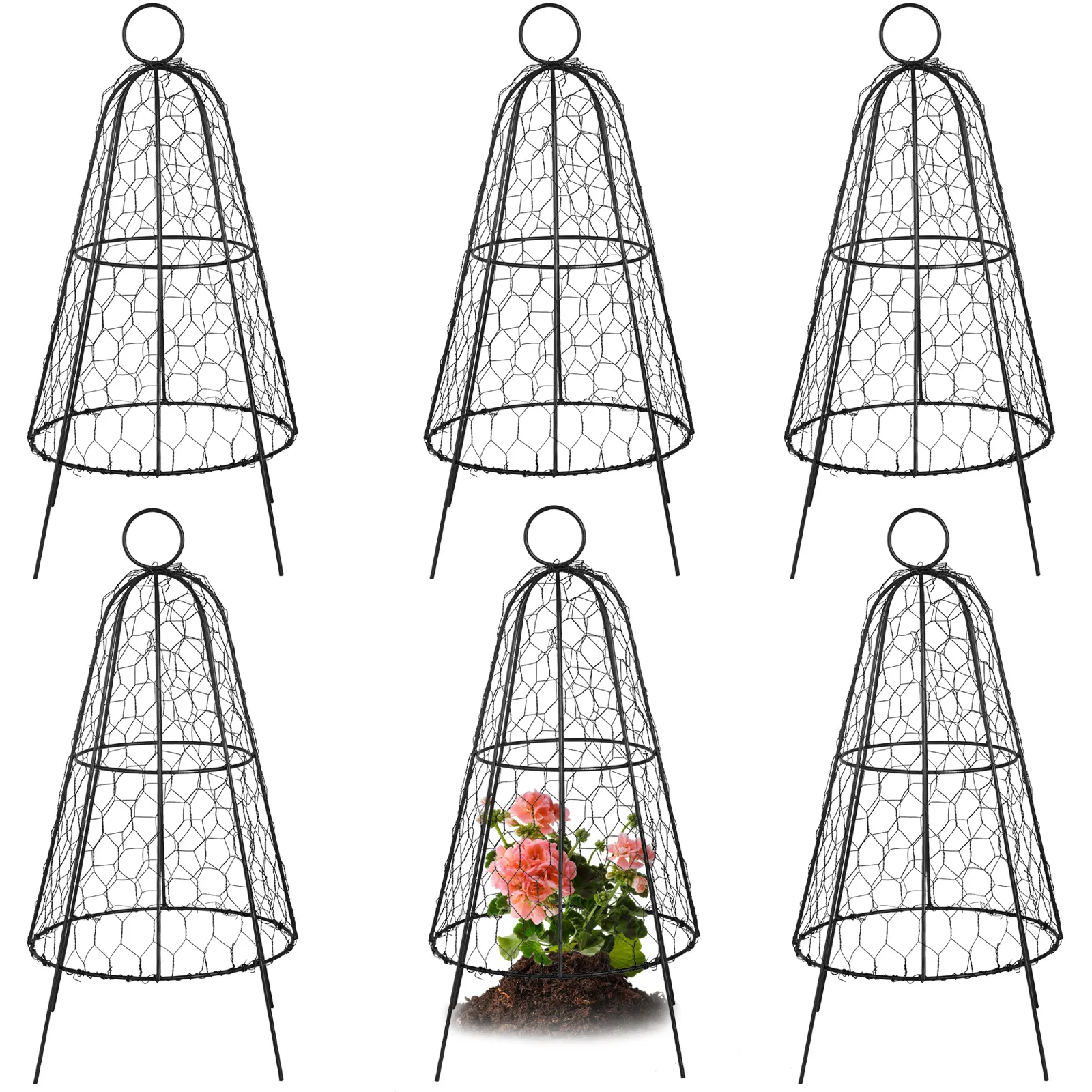 Campana de alambre de gallinero VEVOR para proteger plantas y flores, juego de seis cubiertas de jardín de metal negro.
