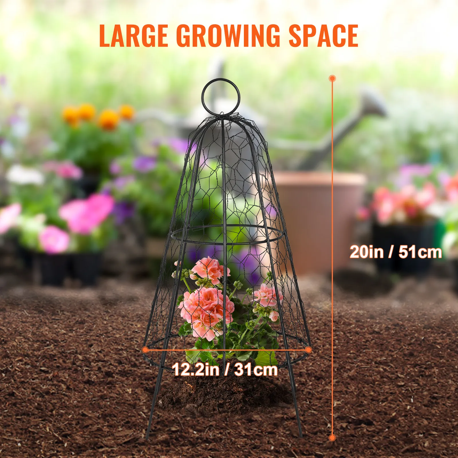 Campana de alambre de gallinero VEVOR que protege las flores florecientes en un jardín con dimensiones 20 pulgadas/51 cm x 12,2 pulgadas/31 cm.