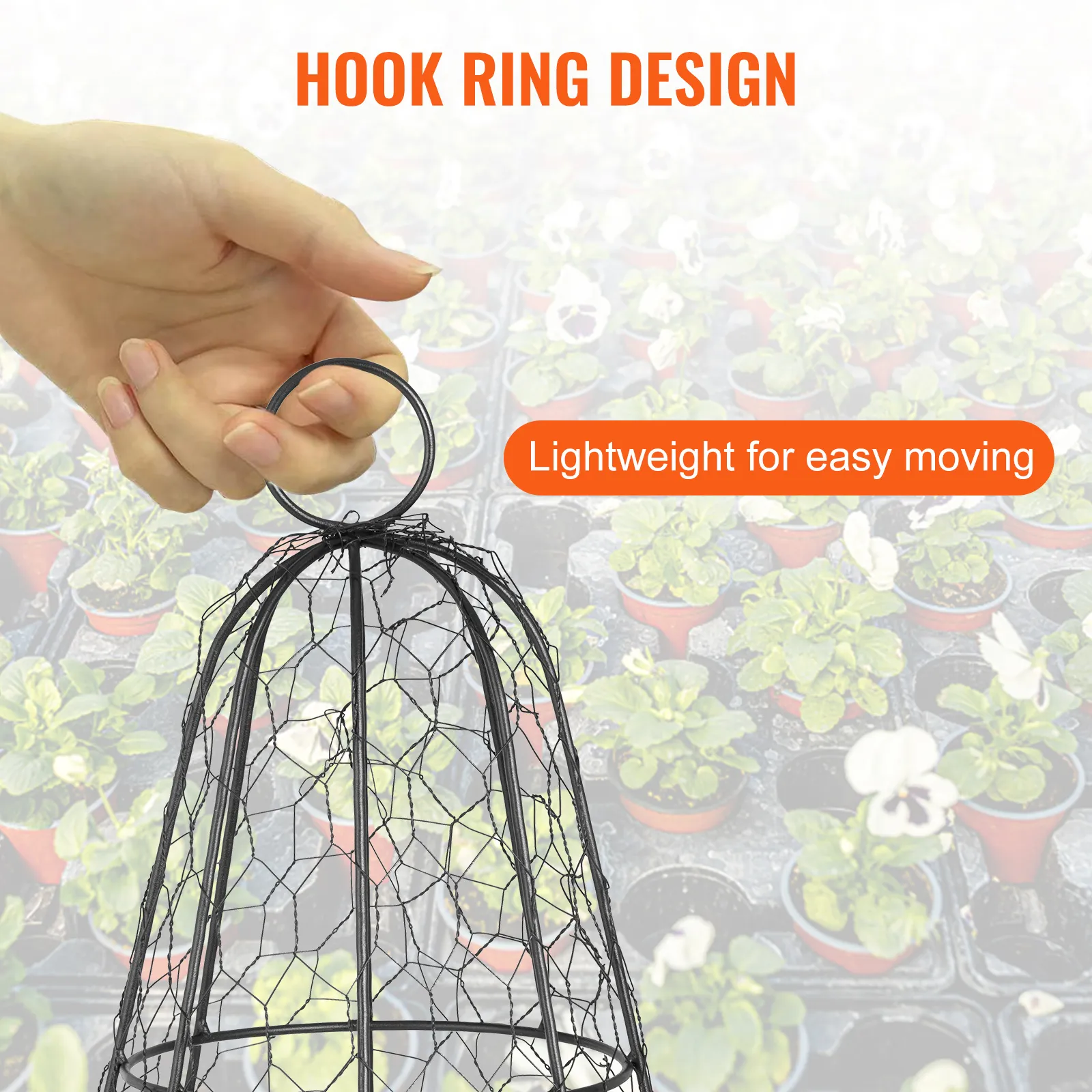 mano sosteniendo una campana de alambre de gallinero VEVOR con un diseño de anillo de gancho, liviana, plantas en el fondo.
